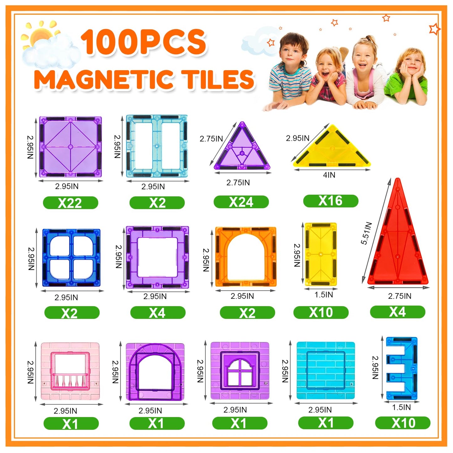 NVHH 100PCS Magnetic Tiles Blocks for Kids Ages 3-5 4-8,STEM Learning Educational Preschool Magnet Building Toys for Toddlers,Christmas Birthday Gifts Toys for 3 4 5 6 7 8+ Year Old Boys Girls