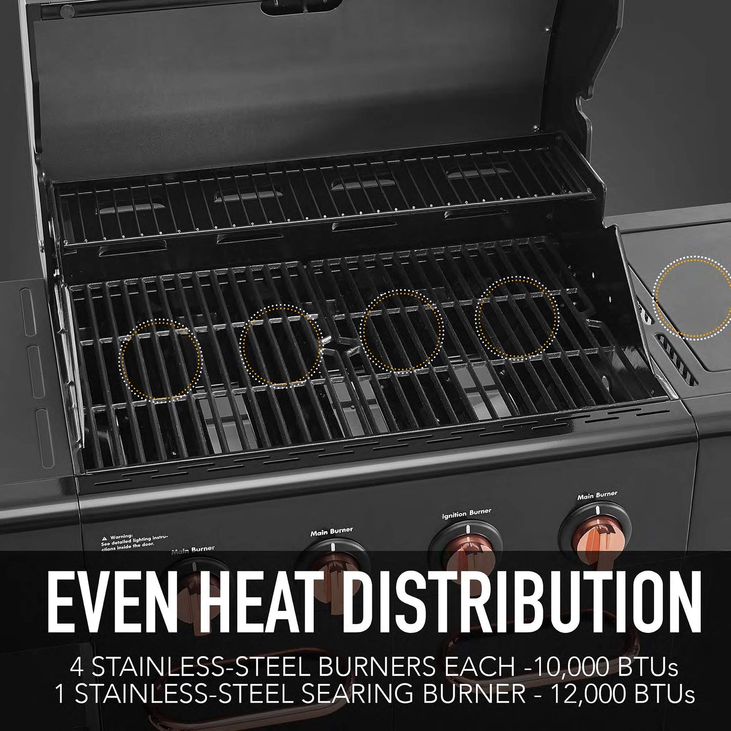 Kenmore 4-Burner BBQ Gas Grill with Searing Side Burner, Propane Grill, 52,000 BTUs, Warming Rack, Electronic Ignition & Cast Iron Cooking Grates, Black/Copper