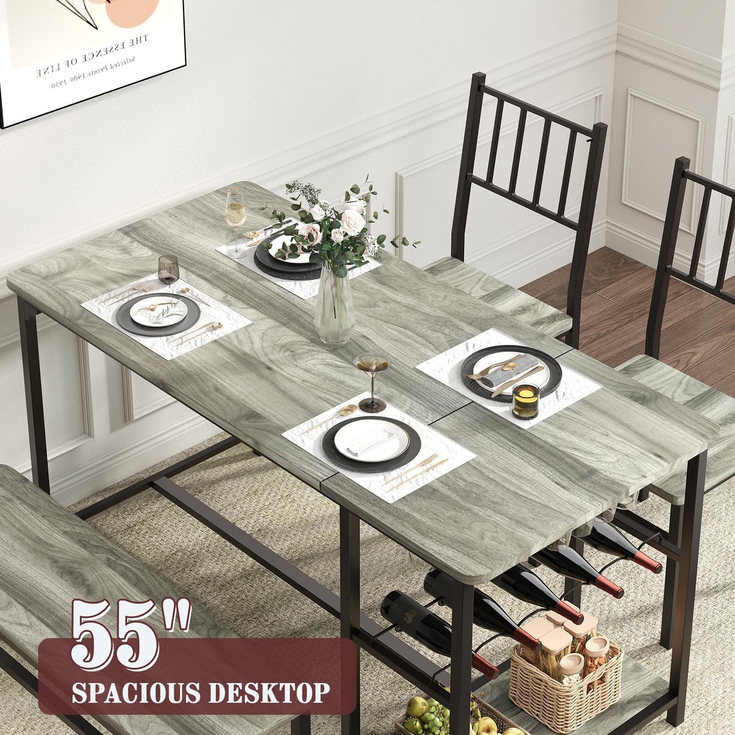4 EVER WINNER Dining Table Set for 4, 55" Kitchen Table Set with Storage Shelf, Wine Rack & Wine Glasses Holder, Breakfast Table Set for 4 with Chairs and Bench for Dining Room, Kitchen, Wash Grey