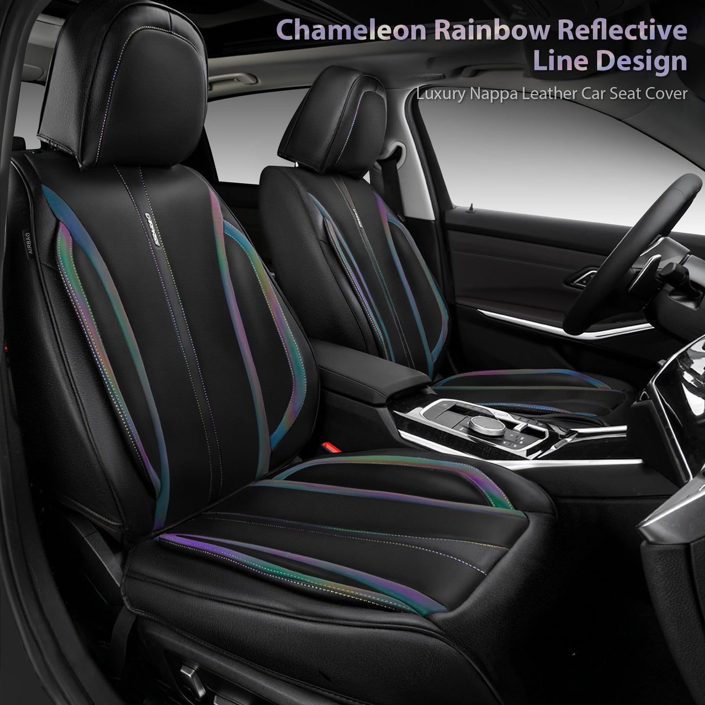 CAR Pass Nappa Leather Car Seat Covers, Durable Waterproof Luxury Universal for SUV Pick-up Truck Sedan, Anti-Slip Driver 5 Seats Covers Full Set with Backrest (Black Chameleon Iridescent Reflective)