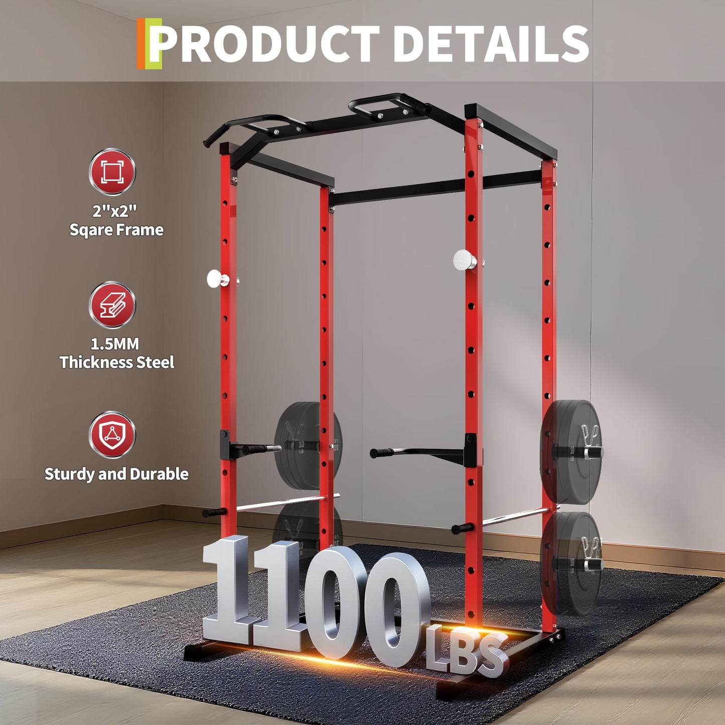 ActiveTrail Heavy-Duty Power Cage with Pull-Up Bar, 1100LB Capacity Squat Rack for Home Gym Strength Training with Adjustable j-Hooks & Safety Bars