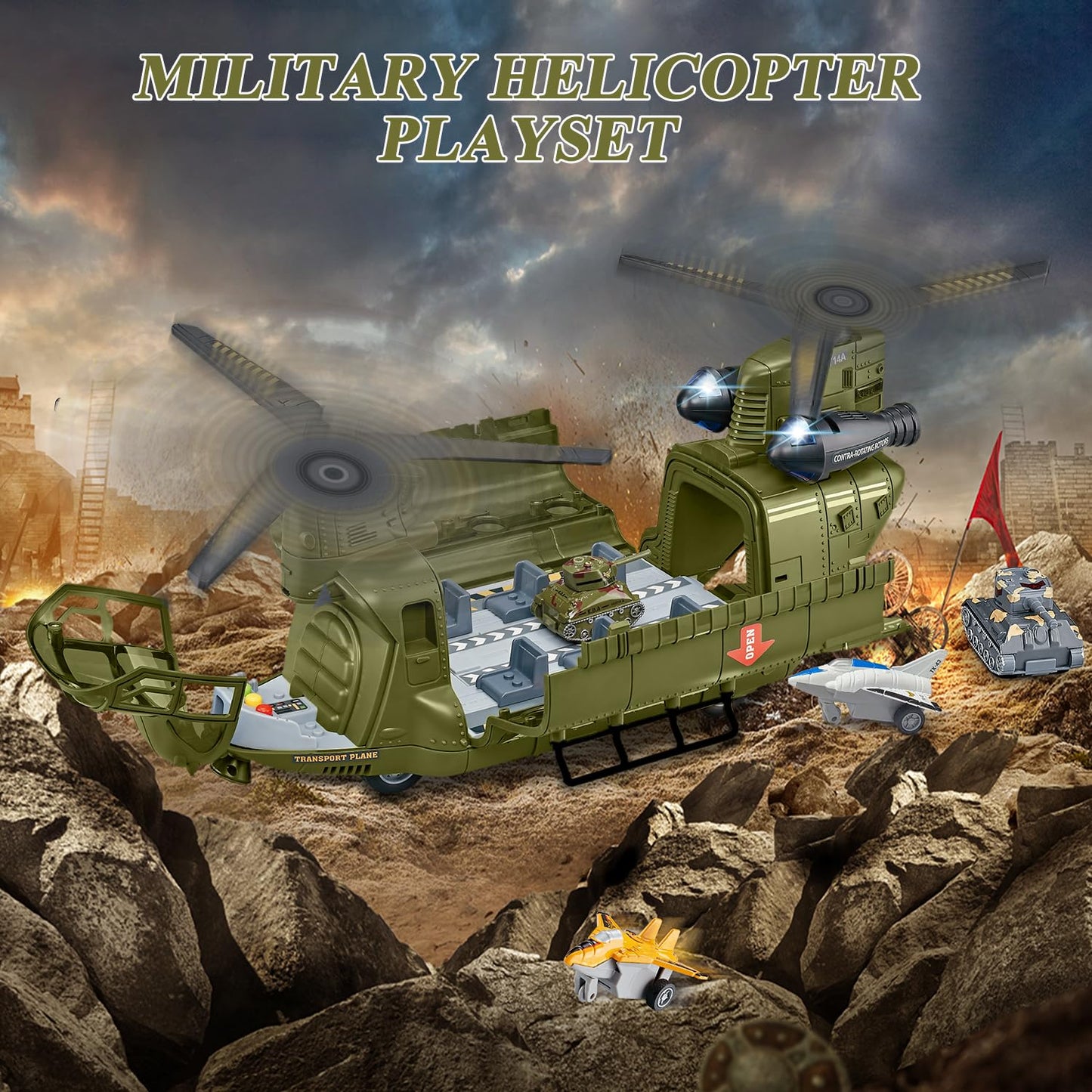 Yiwsnust Military Helicopter Toys Set with Light - Friction Powered Transport Helicopter Toy with Army Tanks, Airplanes, Mini Cars - Army Toys Military Playset Christmas Birthday Party Gifts for Kids