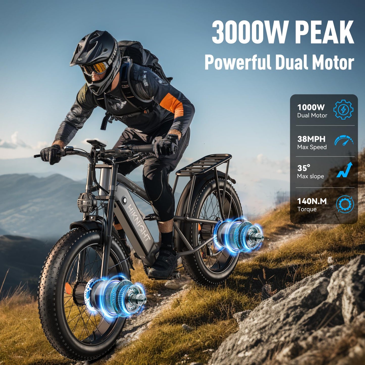 HiKNiGHT Dual Motor Electric Bike Peak 3000W, 52V 20AH Battery E Bike for Adults 26 Inch Fat Tire Mountain Electric Bicycle 38 MPH, Full Suspension Dual Hydraulic Disc Brake, Up to 90 Miles Range