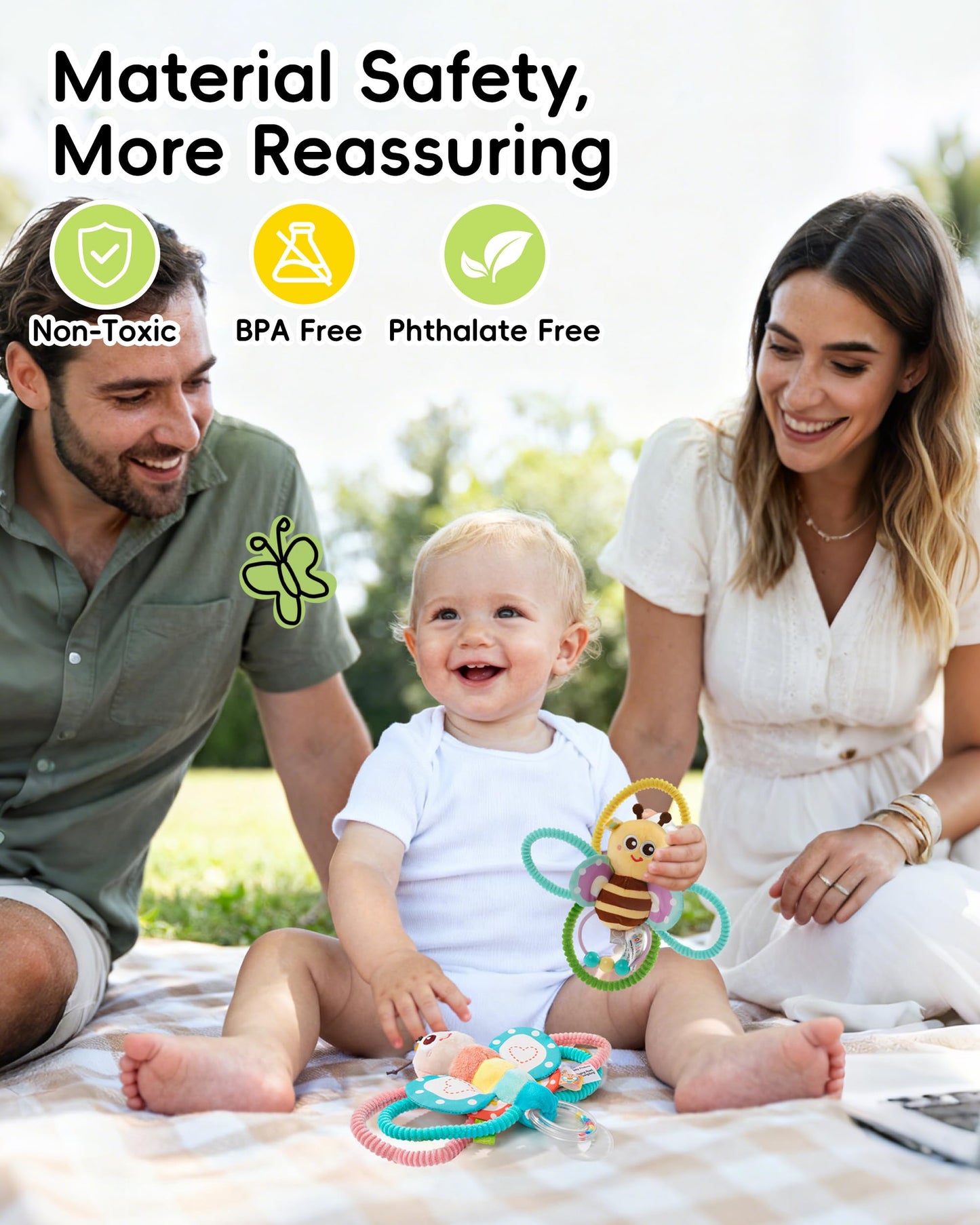Jollybaby Soft Baby Rattles & Plush Rings Toy for Newborn 0-3-6-12 Months, Sensory Developmental Hand Teether Toys for Infant 0-2-4-7-8-9 Months, Baby Shower & Birthday Gifts - Bee
