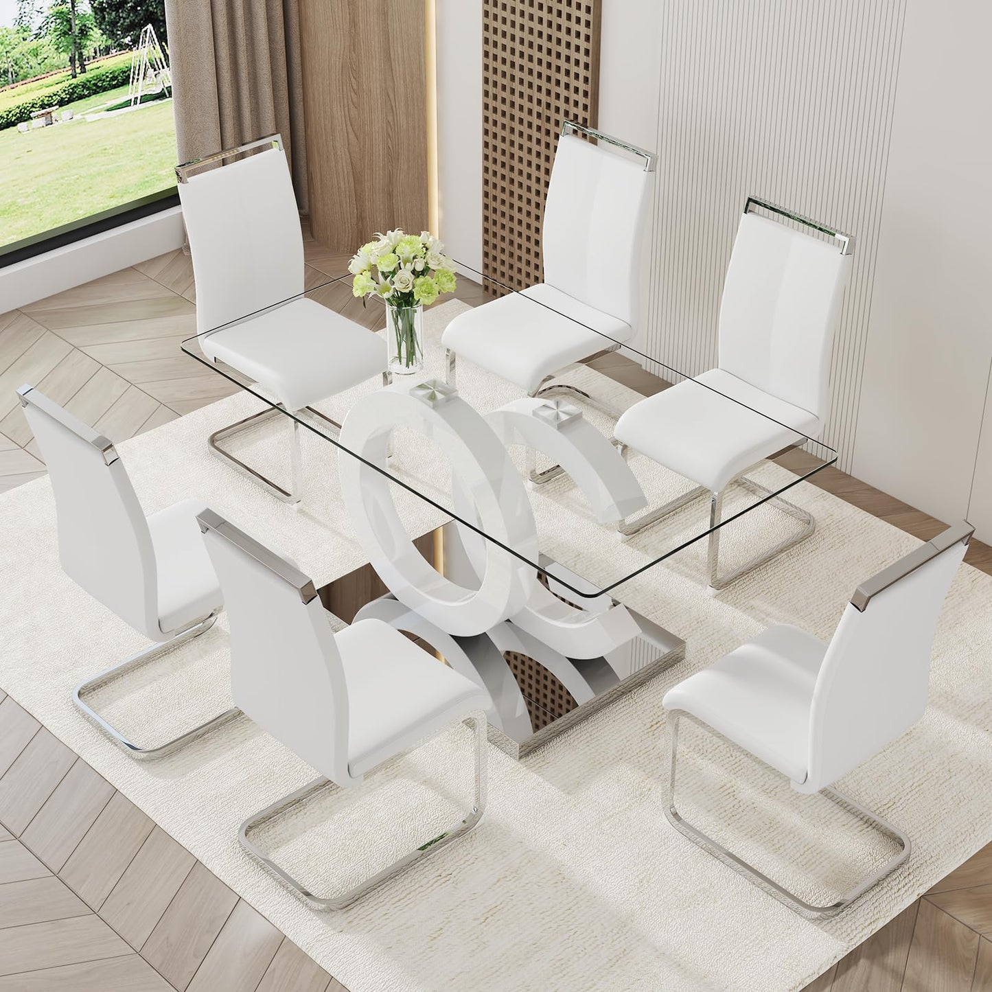 Ebullient Glass Table Set for 6, 7 Piece Set, Tempered Glass Top, White Modern Table with 6 PU Leather Ergonomic Chairs
