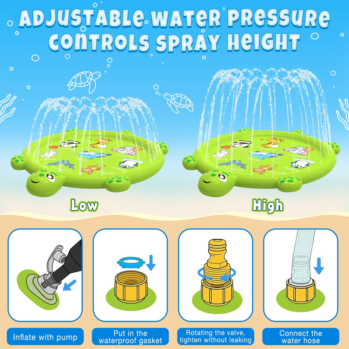 tmstorys Splash Pad for Toddlers 1-3, 67" Turtle Sprinkler & Splash Play Mat, Inflatable Baby Kid Pool, Summer Outdoor Water Toys for Toddlers, Boys, Girls Backyard Garden Lawn Games