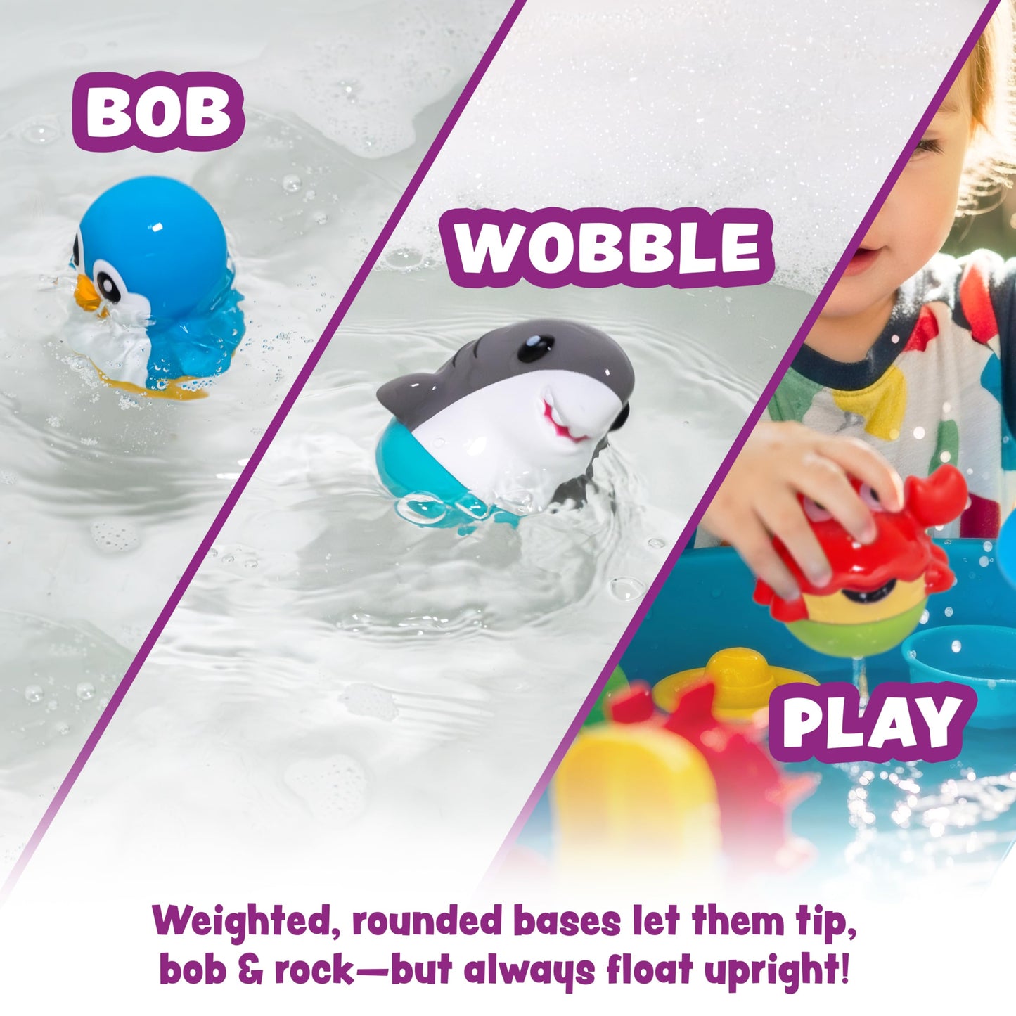 Tub Works® Tub Bobbers™ Bob, Wobble & Float Upright Toddler Bath Toys, 6 Pack | Unique Wobbling Action | Sealed, No Hole Baby Bath Toys | Engaging Bathtub Toys for Kids | Water Table & Baby Pool Play