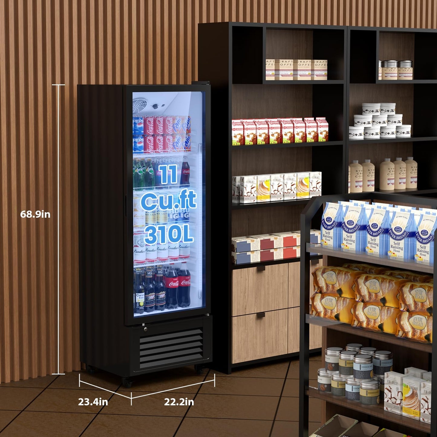 Mojgar 11 Cu Ft Commercial Refrigerators Single Door,Glass Door Merchandiser Display Beverage Fridge with Built-in LED Light,1.64kwh/24h Retail Cooler for Shop,Restaurant,Apartment,etc