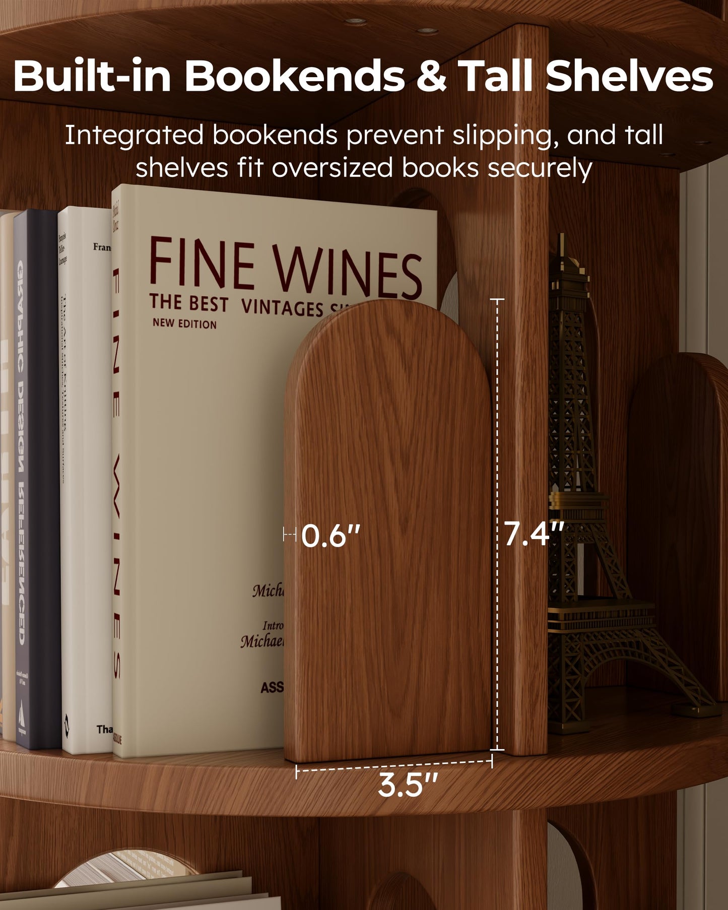 DONGMUWUJEE Solid Wood Rotating Bookshelf Tower, 6 Tier Corner Bookshelf with Bookends, Kids Spinning Book Shelf with Wheels, Revolving Bookcase Shelf, Tall Narrow Bookshelves for Small Spaces, Walnut
