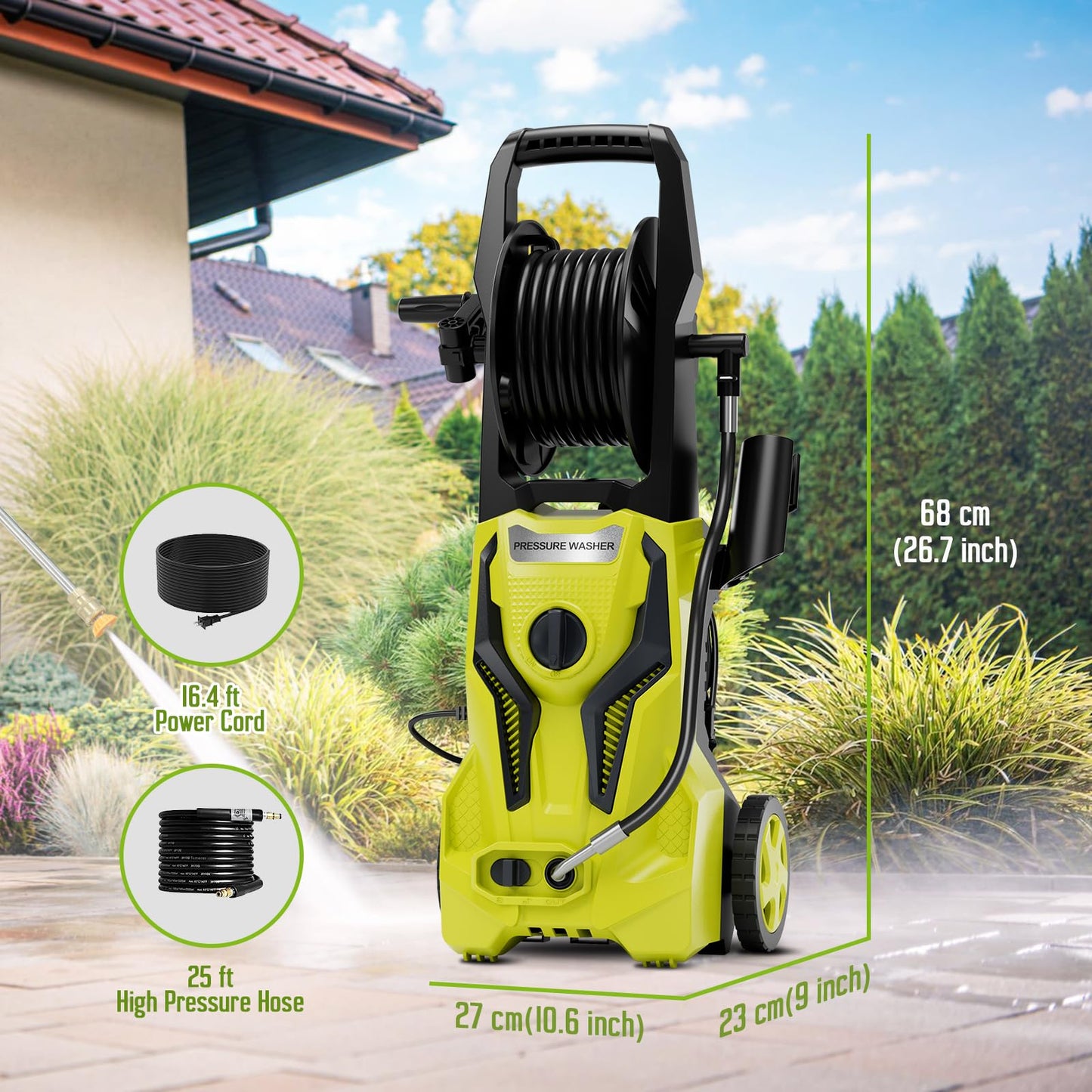 Pressure Washer Power Washer Cleaning Machine with Foam Cannon for Cars Fences Driveways Patios, Light Yellow