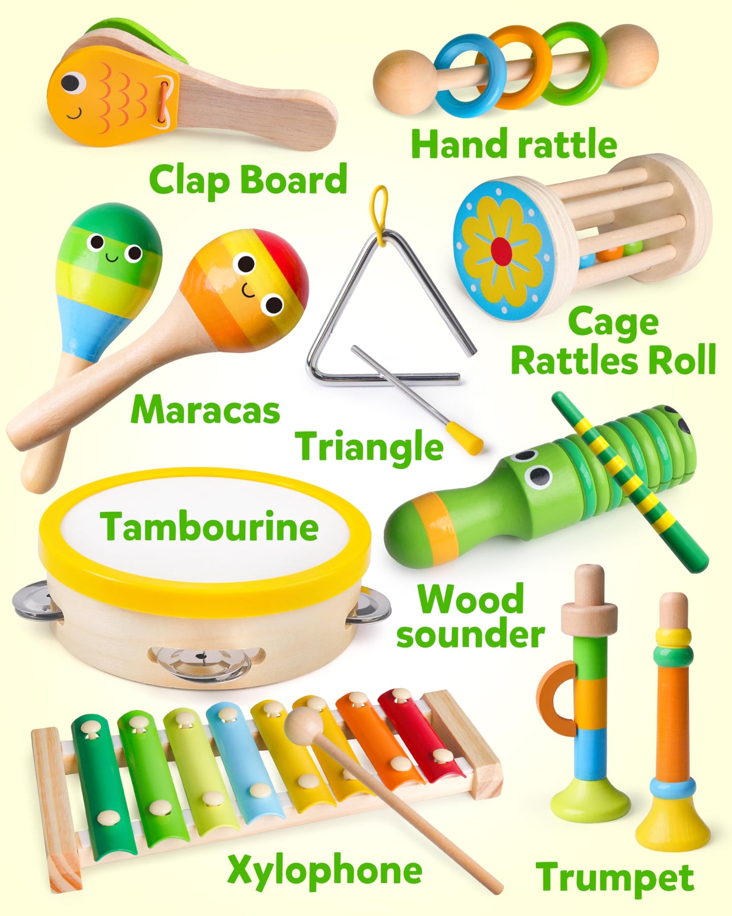 Coogam Wooden Musical Instruments for Toddlers, Tambourine Xylophone Castanet Flute Maracas Playset, Wood Percussion Rhythm Music Toy, Montessori Educational Learning Gift