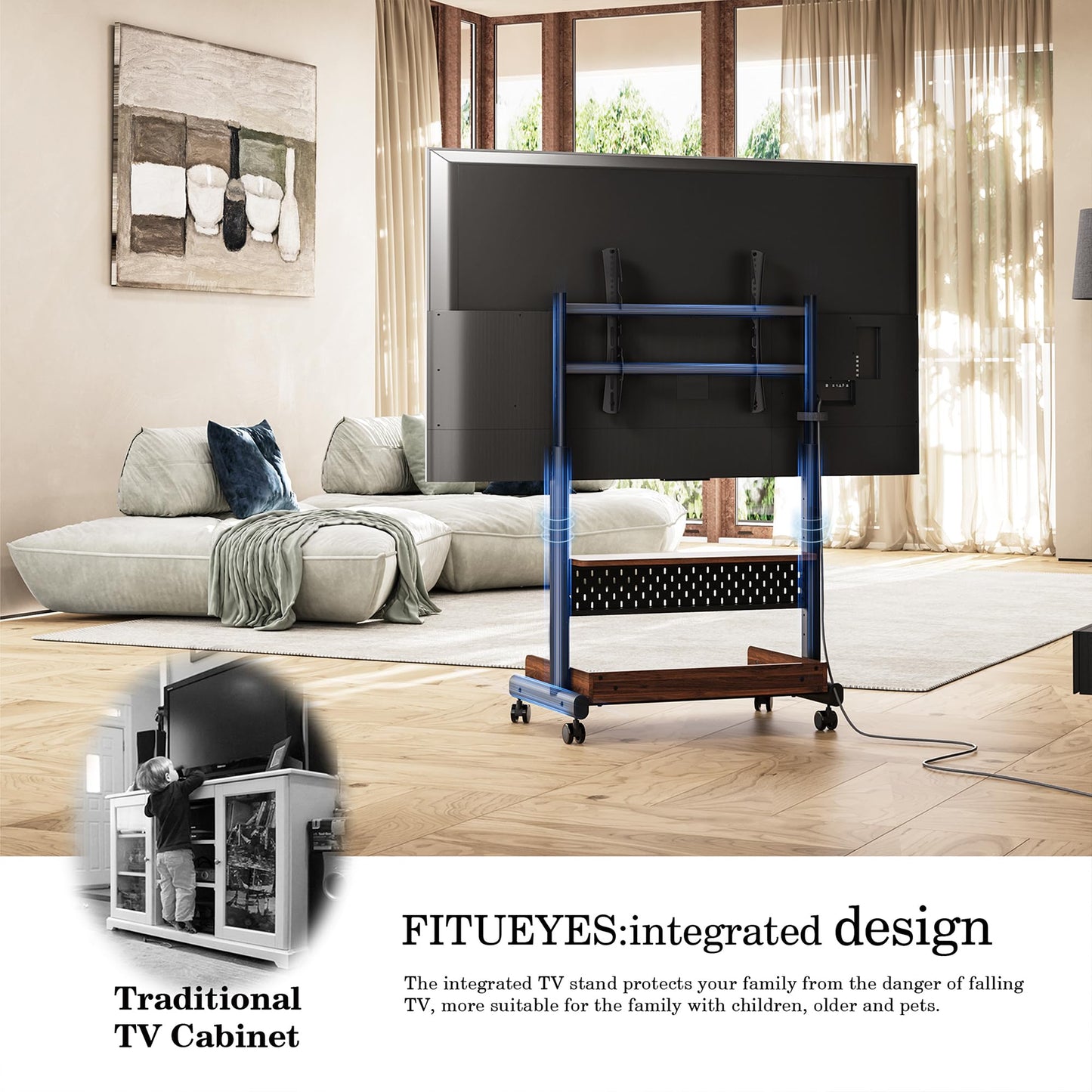 FITUEYES Rolling TV Stand Mount for 40 to 85 TVs，Mobile TV Floor Stand on Wheels with Large Storage Pegboard & Wooden Shelf,Heavy Duty TV Cart Hold Up to 132 lbs for Bedroom, Living Room, Office