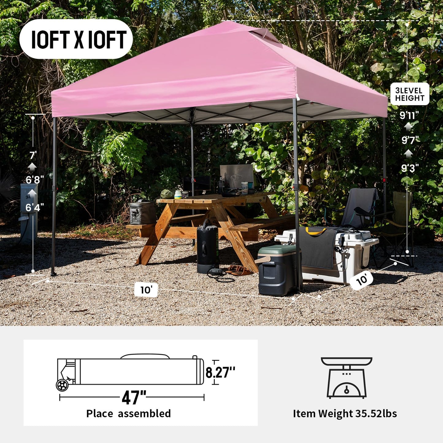 CROWN SHADES 10x10 Pop Up Canopy Tent - Patented Center Lock One Push Instant Outdoor Canopy Beach Tent with STO-N-Go Bag 8 Stakes & 4 Sand Bags，Pink