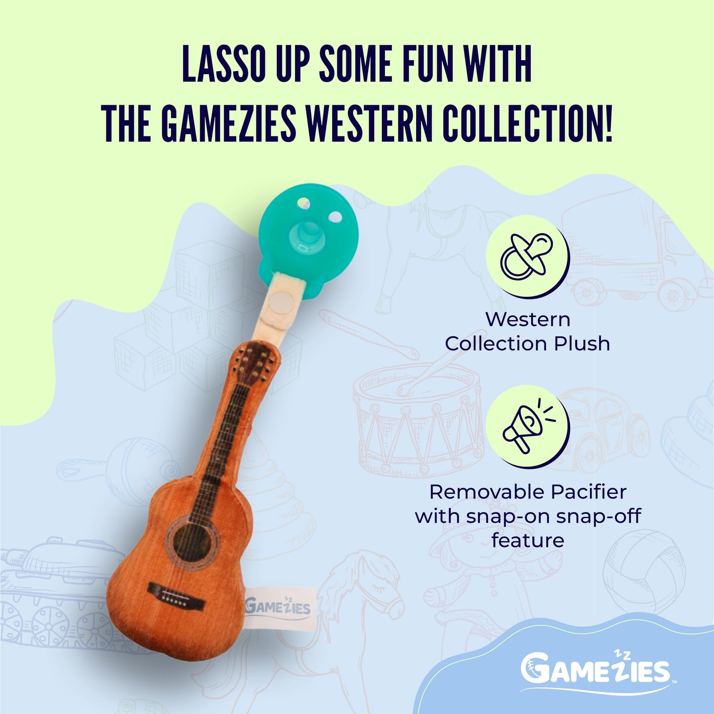 Gamezies Baby Boy and Girl Silicone Guitar Plush Pacifier with Detachable Western Plush Toy Holder, Guita- CPSIA Tested, BPA-Free 0-6 Months