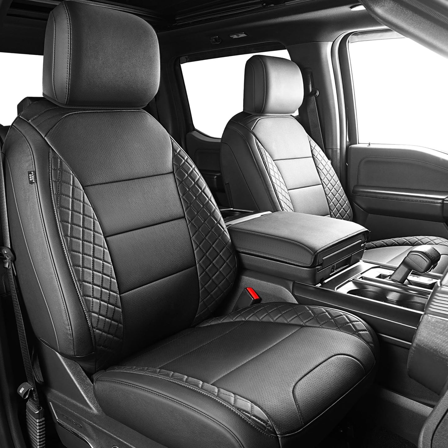 TGKUD F150 Seat Covers, Custom Fit Ford 2021-2025 F 150 XL XLT STX Super Crew Cab, 2023-2025 F250 F350 F450 XL XLT Crew Cab, Full Set, Leather, Black (NOT for 40/20/40 Bench Front Seat)