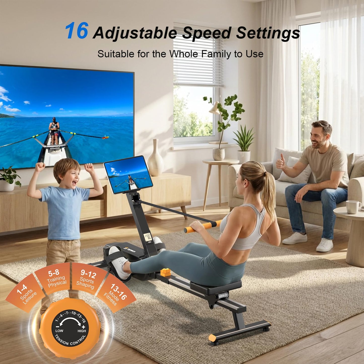 2026update Magnetic Rowing Machines for Home,Rower Machine with 16 Levels,Powerful Silent Magnetic Resistance,350lbs Weight Capacity,LCD Monitor,Silent Rail System,Row Machine for Home Gym Exercise