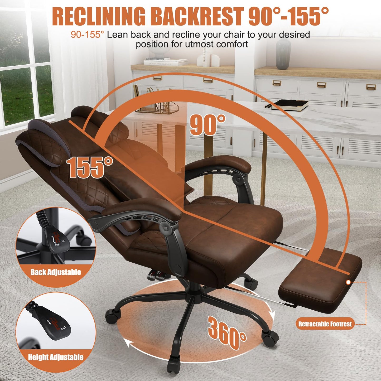 Ergonomic Office Chair with Footrest, 400lbs High Back Executive Home Office Computer Chair with Unique Ear-Shape Headrest for Neck Support,Coffee Leather Office Chairs for Home Office Work