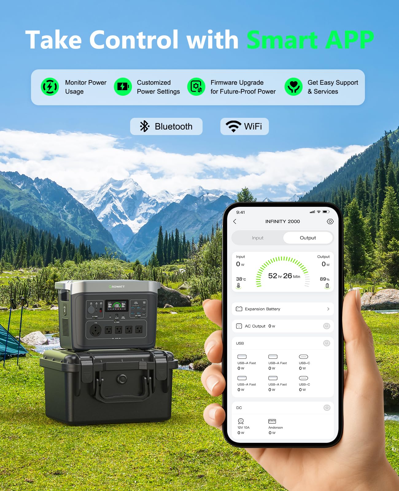 GROWATT Portable Power Station ，INFINITY 2000 Black Electric Solar Generator，2048Wh LifePO4 Battery,2400W AC Output for Home Use, Outdoor Camping, RVs and Emergency Backup(Solar Panel Optional)