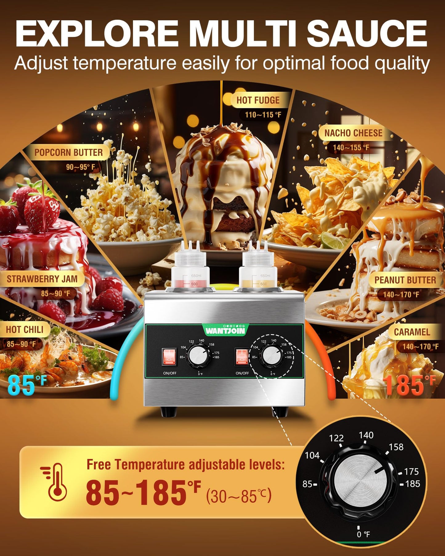 WantJoin Electric Sauce Warmer Dispenser Countertop Stainless Steel Sauce Heat Preservation Machine 320W Hot Fudge Nacho Cheese Ketchup Chocolate Warmer for Commercial with 650ml Squeeze Bottle*2