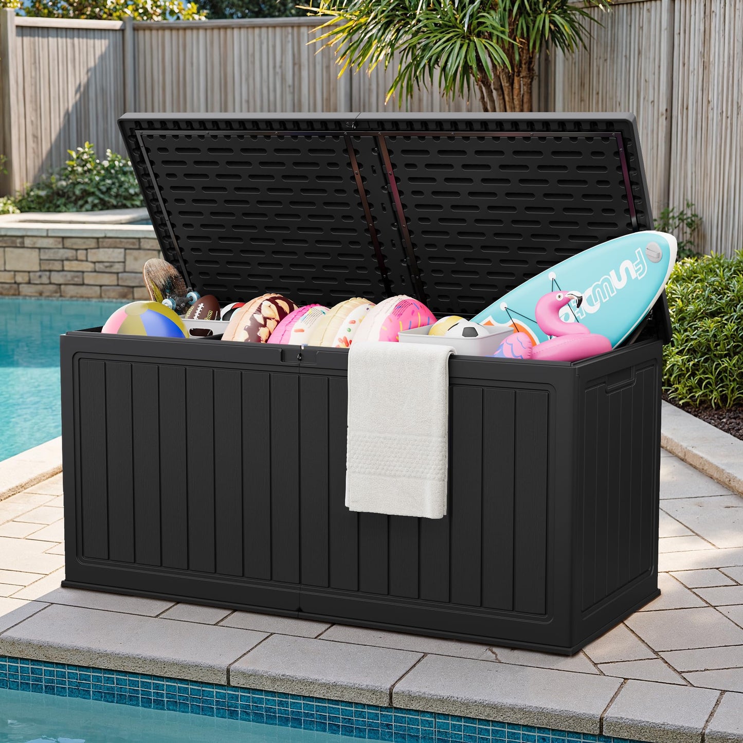 JUMMICO 270 Gallon Outdoor Storage Deck Box with Divider, Double Wall Storage Box with Lockable Lid for Garden Tools, Pools Supplies (Black)