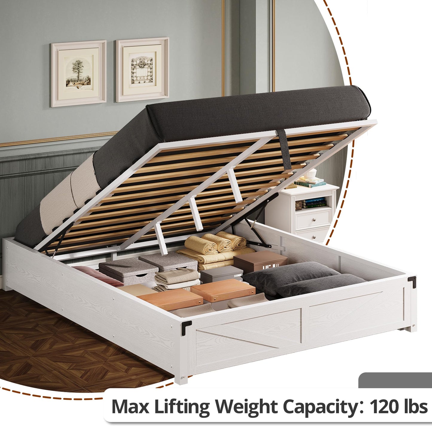 LIKIMIO Platform Queen Size Bed Frame, Farmhouse Bed Frames with Lift Up Storage, Wooden Slats, Sturdy and No Noise, Easy Assembly, White