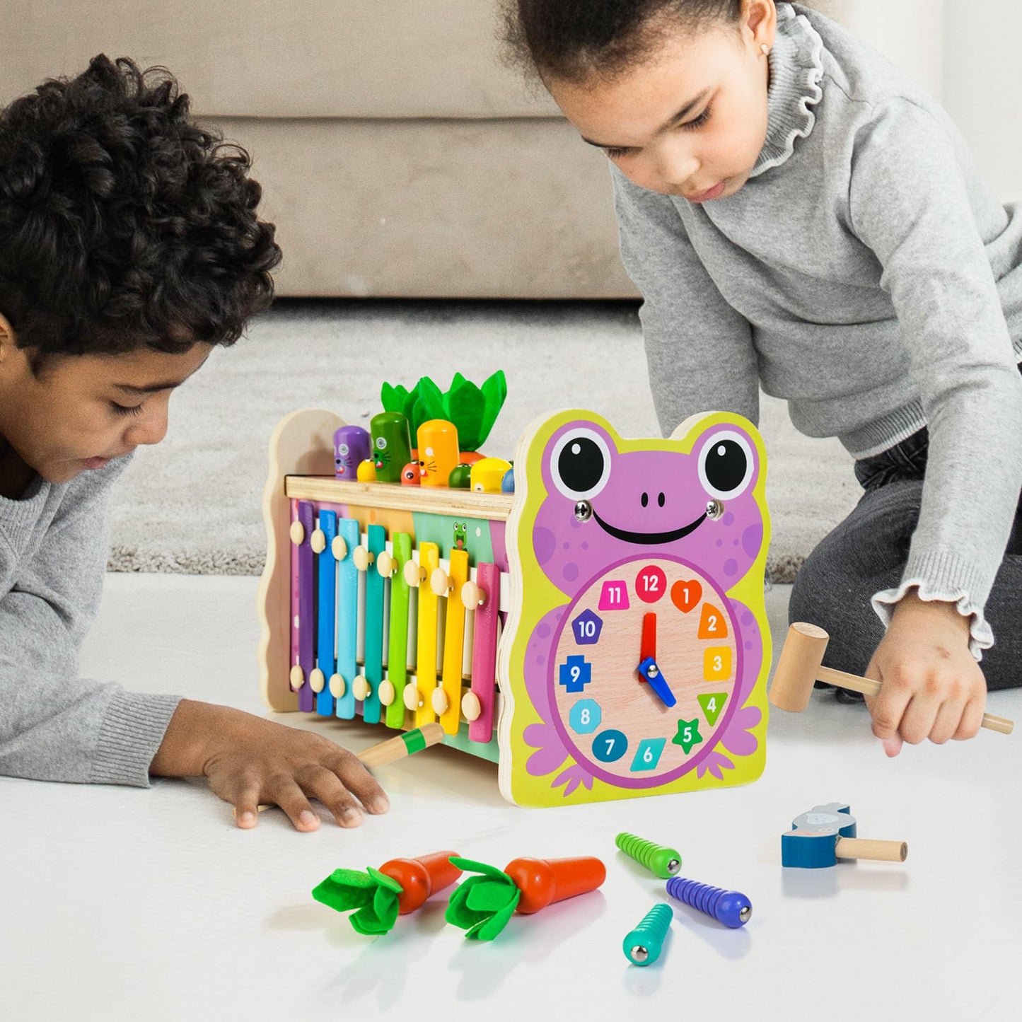 Amtreen 6-in-1 Wooden Montessori Toys for 1 Year Old, Mole-Tapping Game | Play the Xylophone | Frog Clock | Carrot Harvest Game | Spinning Gear, Baby Girls Toy Birthday Gift Early Learning