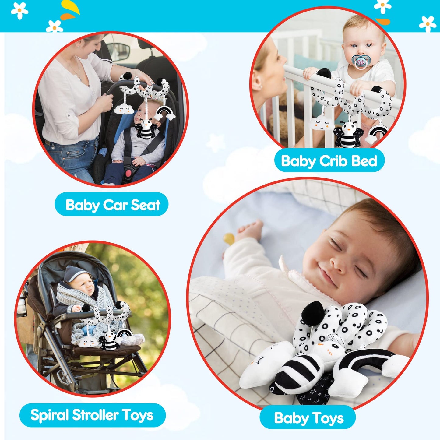 GKDOMS Baby Spiral Hanging Stroller and Car Seat Toys Black and White High Contrast Sensory Toy Newborn Plush Activity Toys Party Favors Quality Gifts for Baby Shower-BEE