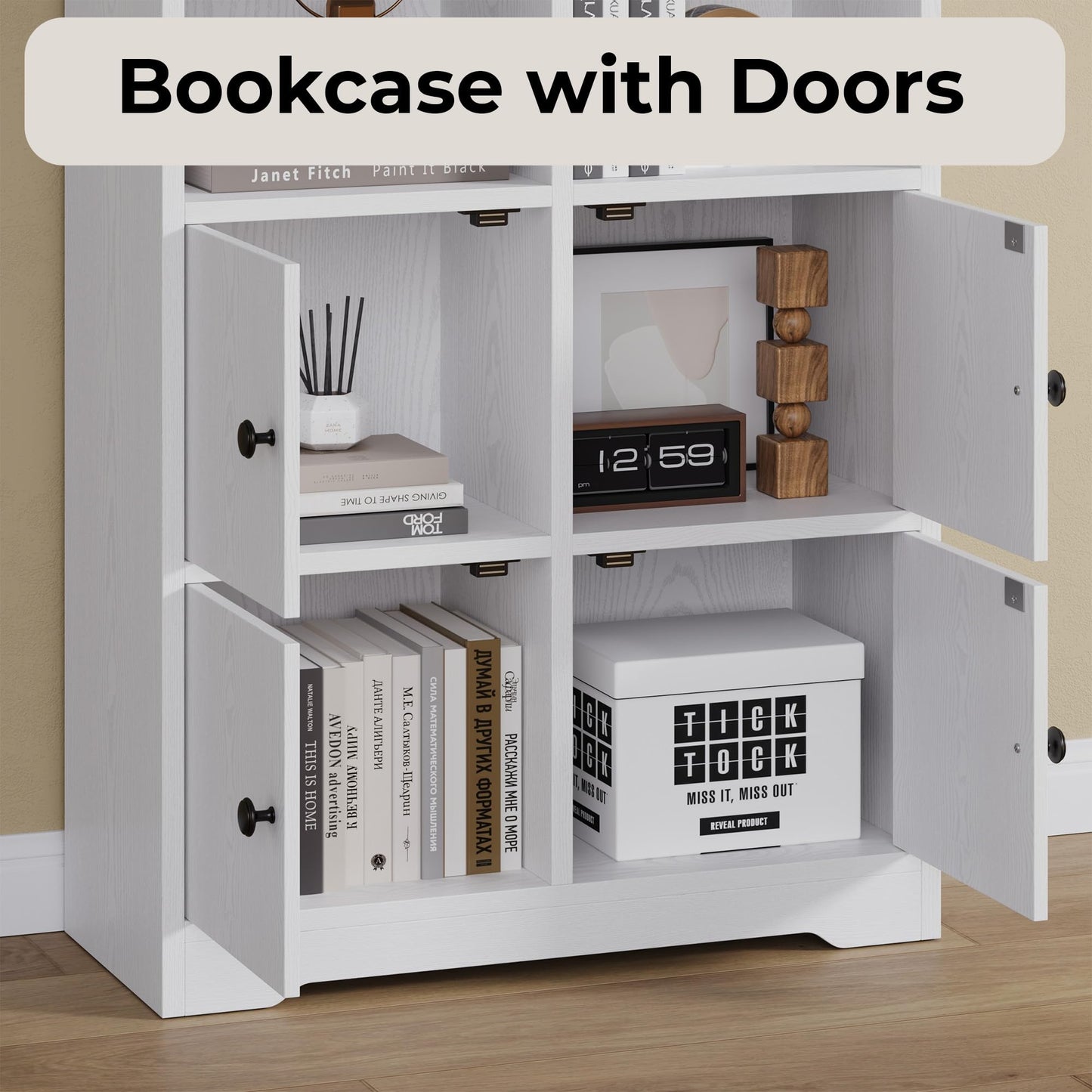 IRONCK Bookshelf with Doors, Book Shelf with Storage Shelves, 74.6 in Tall Bookcase for Home Office, Living Room, Bedroom, White