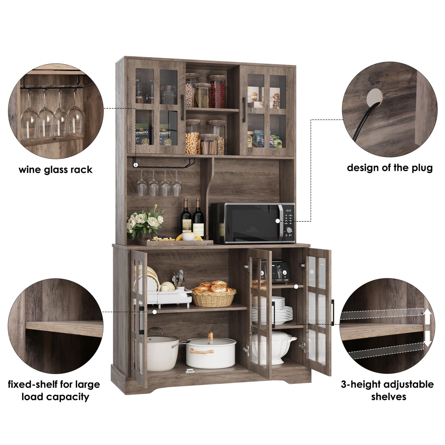 Keyluv Kitchen Pantry Storage Cabinet 71" Tall Freestanding Pantry Cabinet, Farmhouse Glass Door Buffet with Oven Countertop, Large Wood Hutch for Kitchen, Living Room and Dining Room, Rustic