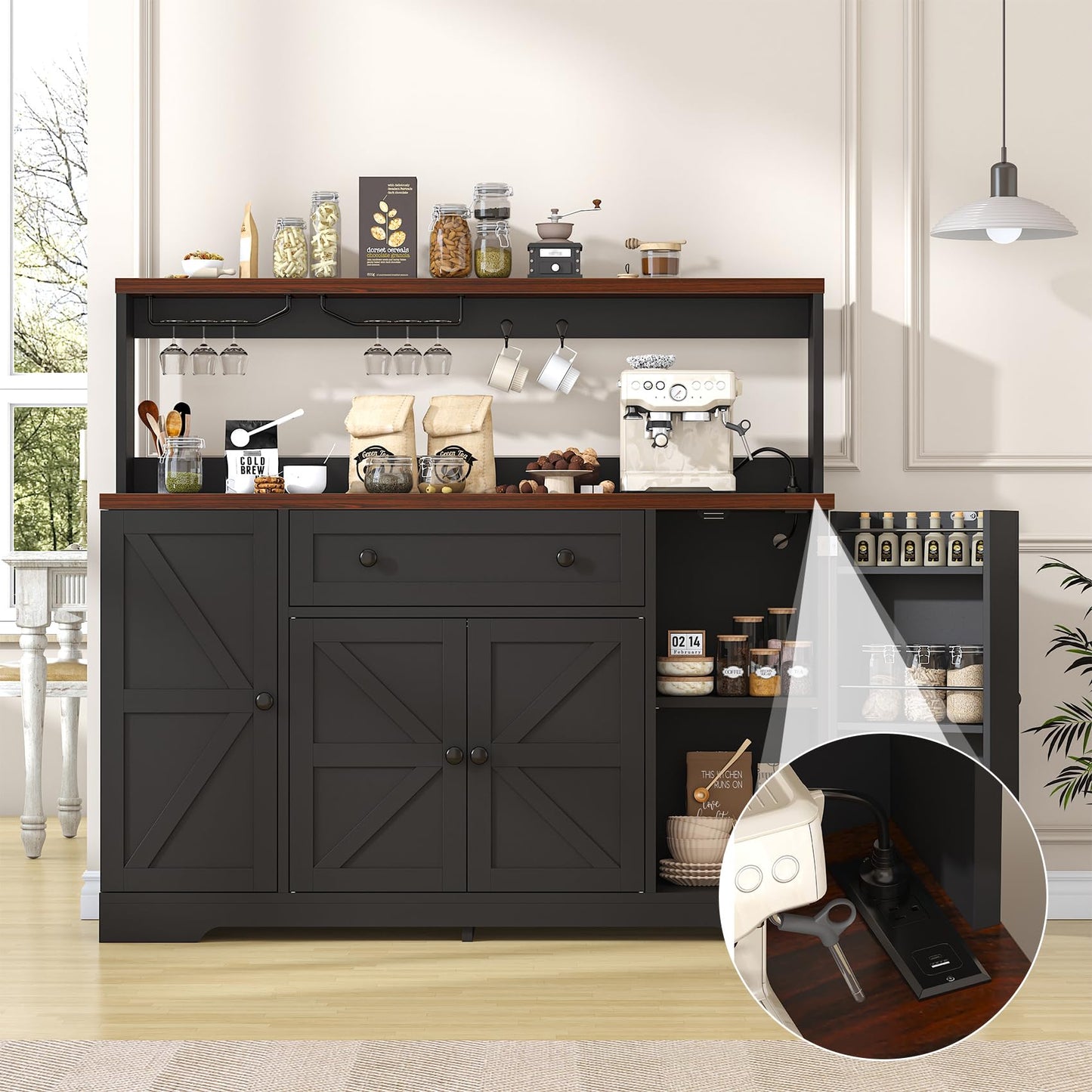 VVFLU Hutch Storage Buffet Cabinet with Drawers, and Charging Station, Coffee Bar Cabinet with Barn Doors, Wine Rack and Hooks, White Wood Sideboard Buffet for Kitchen, Dining Room, 47.8" High