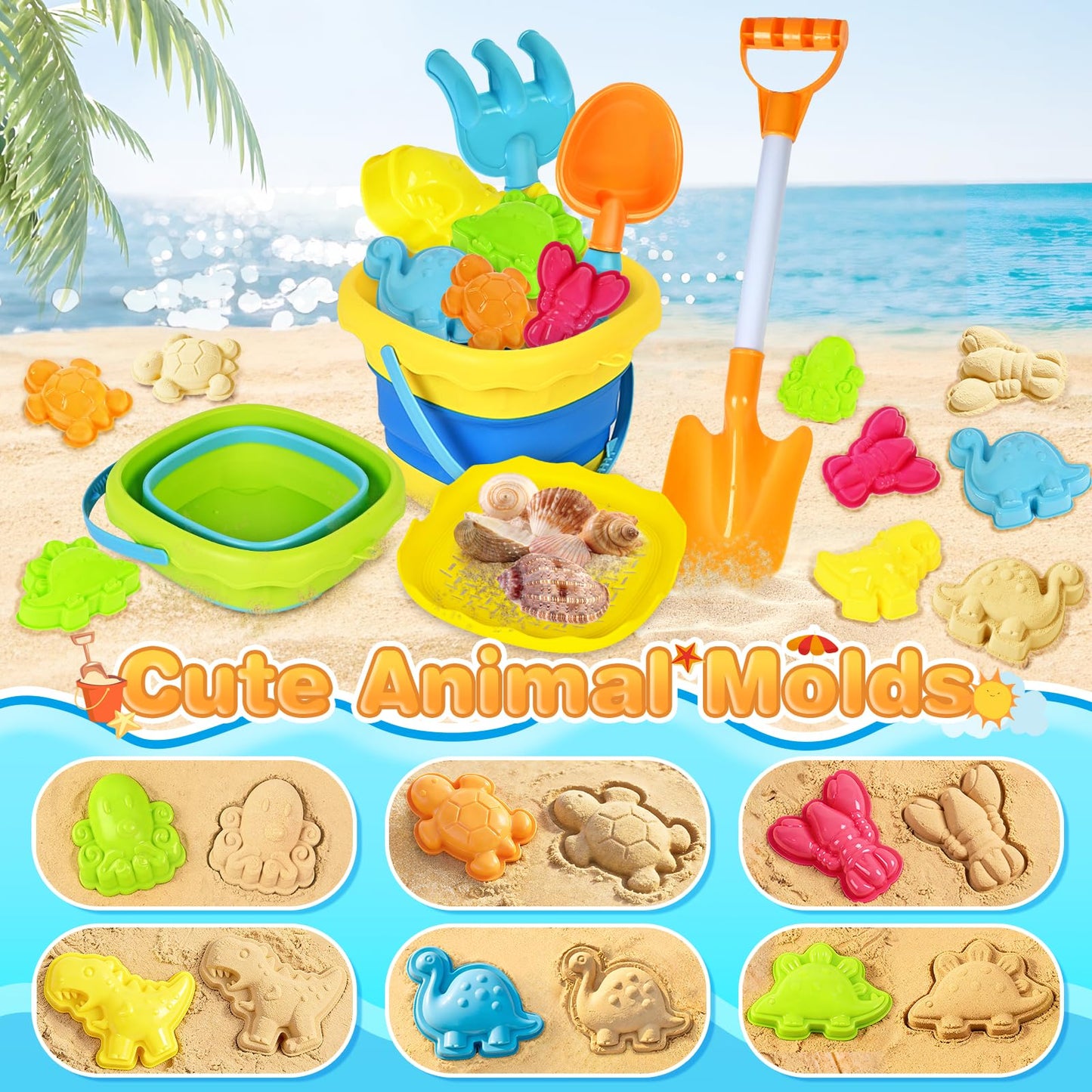 AuroTops Beach Toys for Kids,Collapsible Beach Buckets and Shovels Set with Mesh Bag,Sand Rake Toy,Cute Sand Molds for Kids and Toddlers Outdoor Toys,Summer Travel Beach Game Set
