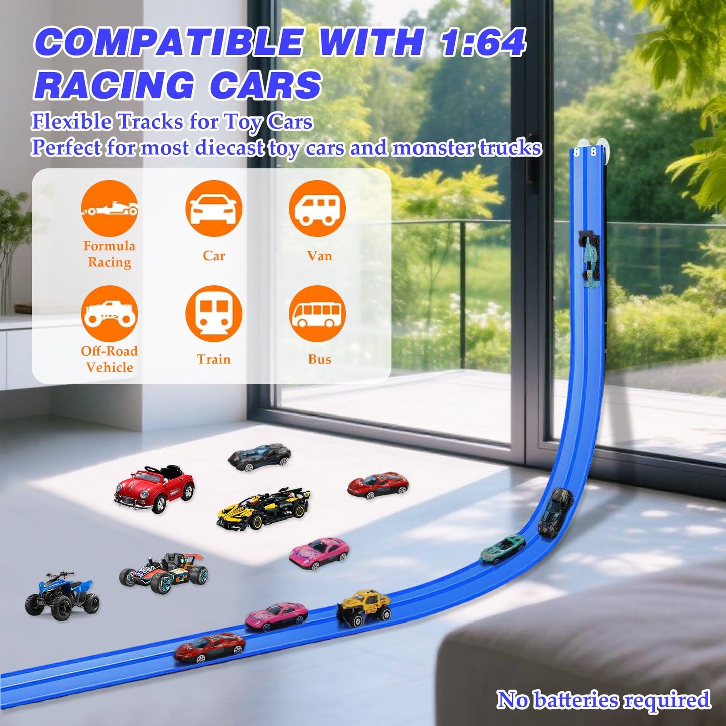 Flexible Car Track for Kids: 15 Ft of Portable Roll-Up DIY Flexible Race Track with 8 Cars & 4 Strong Suction Cups Car Ramp Toy Track, – A Great Birthday for Boys & Girls Ages 3+ (Blue)