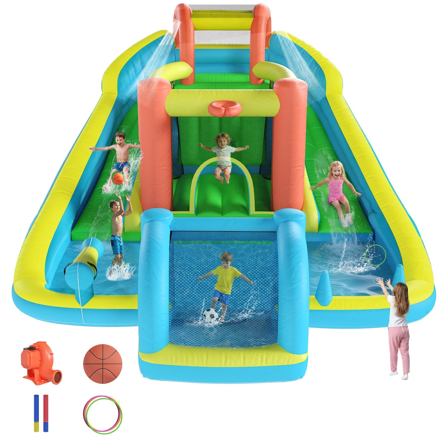 HOMMOW Inflatable Bounce House with Double Slide, Bouncy Castle for Kids 3-12 with Blower, Water Cannon, Football Net, Jumping, Climbing Wall, Basketball Hoop, Backyard Water Park for Kids