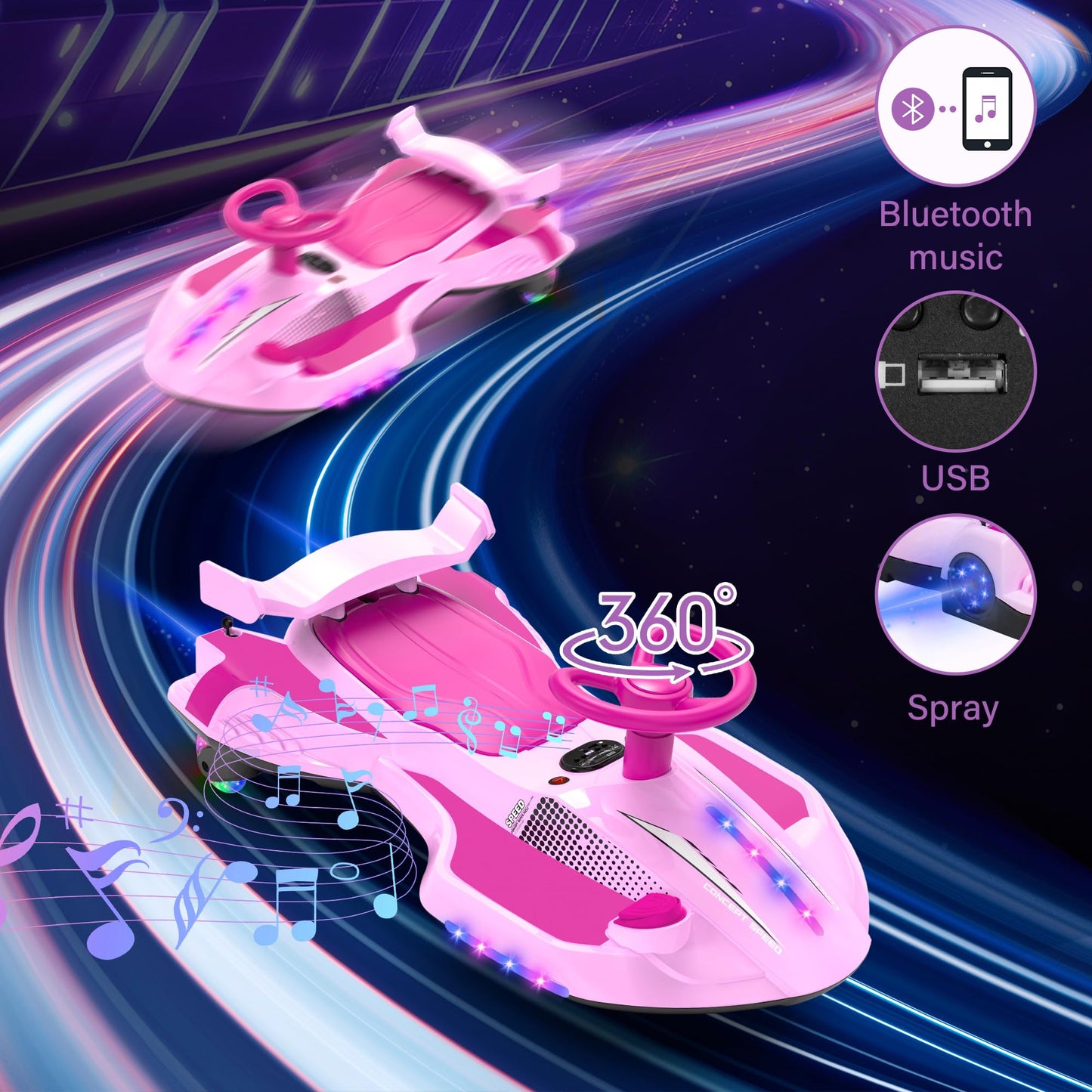 12V Electric Wiggle Car with Pedal for Kids, Rechargeable 2 in 1 Swing Car, Drifting Ride On Toys with Backrest, Anti-Rollover, Spray, Flashing Light, Music, for Ages 3 and Up (Pink)