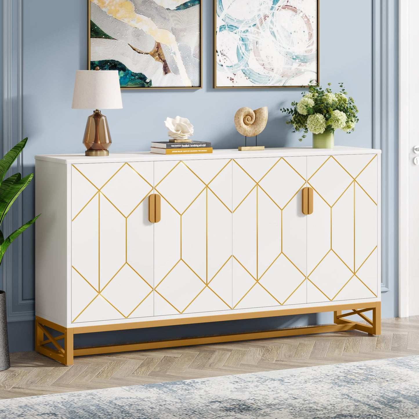 LITTLE TREE Storage Cabinet with Storage Shelves for Living Room, Modern Sideboard Buffets Cabinets Coffee Bar with Gold Metal Frame 4 Doors for Kitchen Dining Room Entryway Bedroom, White