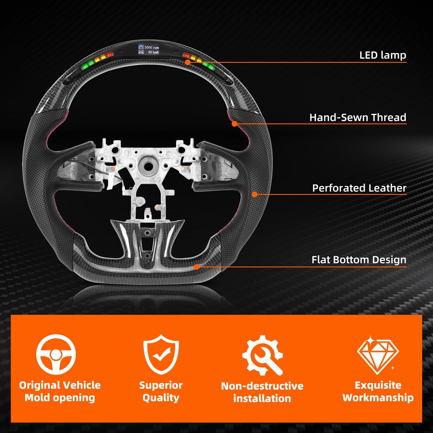 Steering Wheel for Infiniti 2014-2017 Q50 LED Display Indicator Real Carbon Fiber Steering Wheel Perforated Leather Anti-Slip for 2014-2017 Q50