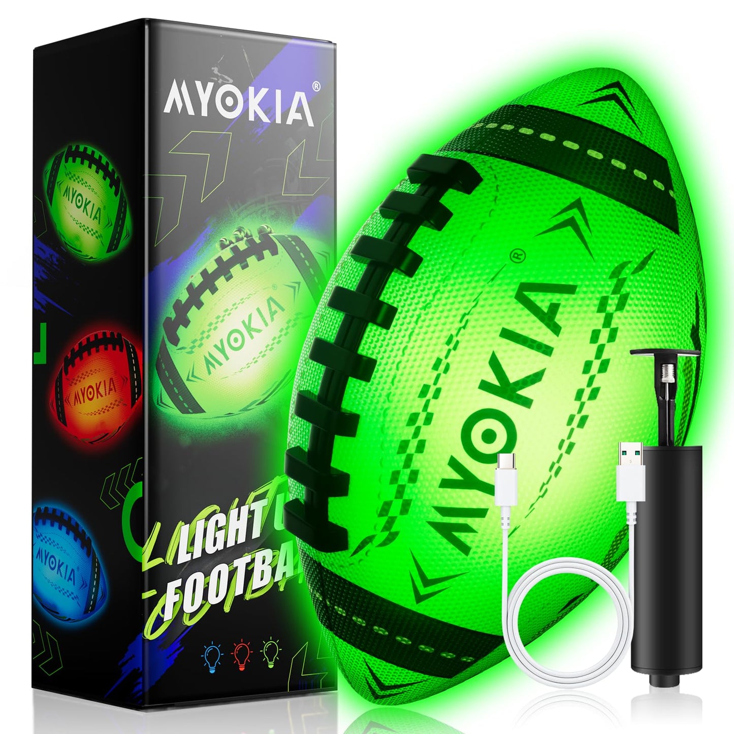 MYOKIA RGB Waterproof Rechargeable Light Up Football Birthday Gift, Glow in The Dark Football with Pump & USB Cable, Tri-Color (Red, Green, Blue), Size 6, Outdoor Night Games