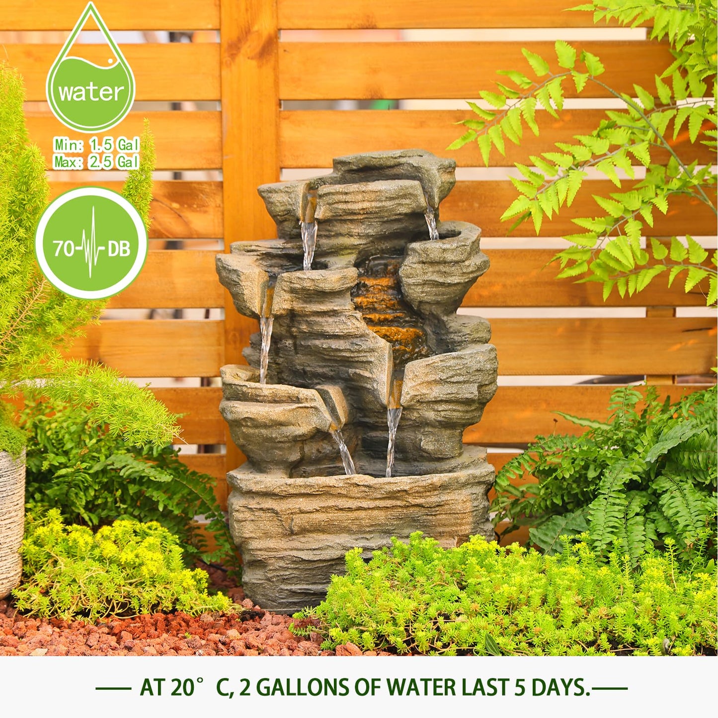 Bumilgar 6-Tier Cascading Rock Water Fountain Outdoor Garden Waterfall Decor for Garden, Patio, Backyard, Deck, Porch and Home Art Decor,24.4" H Outdoor Fountain with Lights