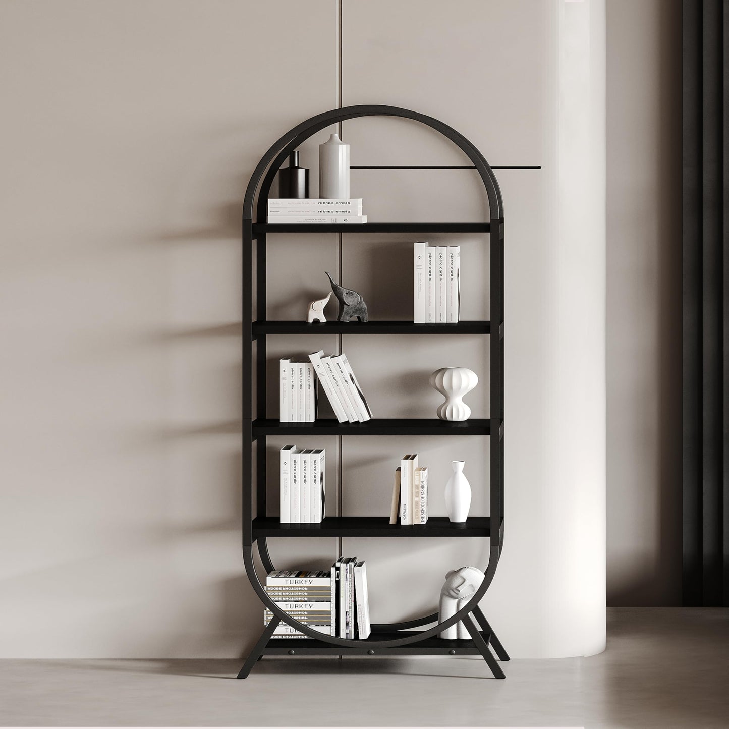 Kogven Bookshelf Arched Bookcase, Industrial 5 Tier Open Book Shelves with Metal Frame, 72" Tall Freestanding Display Rack for Home Office, Living Room, Black