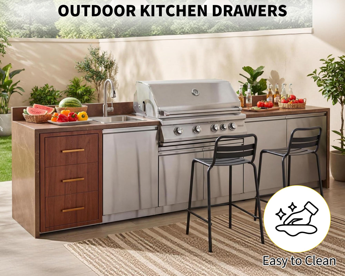 GarveeLife Outdoor Kitchen Drawers, 17" w x 30" h x 21" d Flush Mount Triple Drawers with Paper Towel Rack, 304 Stainless Steel Triple BBQ Drawer for Kitchen Island, Patio Grill Station, Brown Grain
