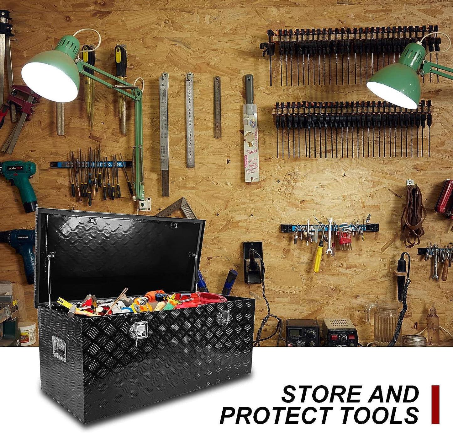 confote 48 Inch Heavy Duty Aluminum Stripes Plated Tool Box Pick Up Truck Bed RV Trailer Toolbox Square Storage Organizer with Side Handle, Lock and Keys, Waterproof -48"x 19.5"x 17.5"，Black
