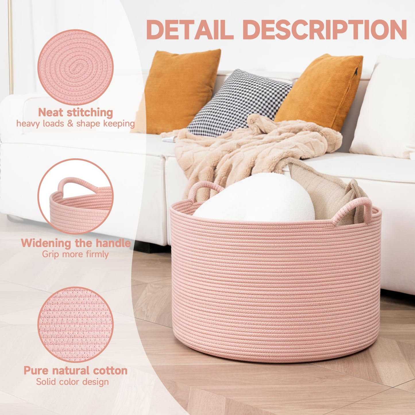 CLHMILY&Z Round Cotton Rope Storage Basket in Living Room, Bedroom, Laundry Room for Toy, Clothes, Blanket, Pillow (Pink, XLarge(14.2"x22"))