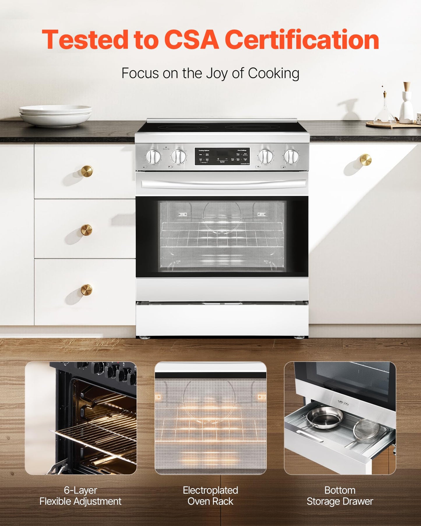 VEVOR 30in Electric Range Oven, 4.8Cu. Ft. Capacity Compact Freestanding Oven, Stainless Steel Kitchen Stove, with 4 Cooktop Burners, Easy Reach Racks, Storage Drawer, Indicator Light(No Power Cord)
