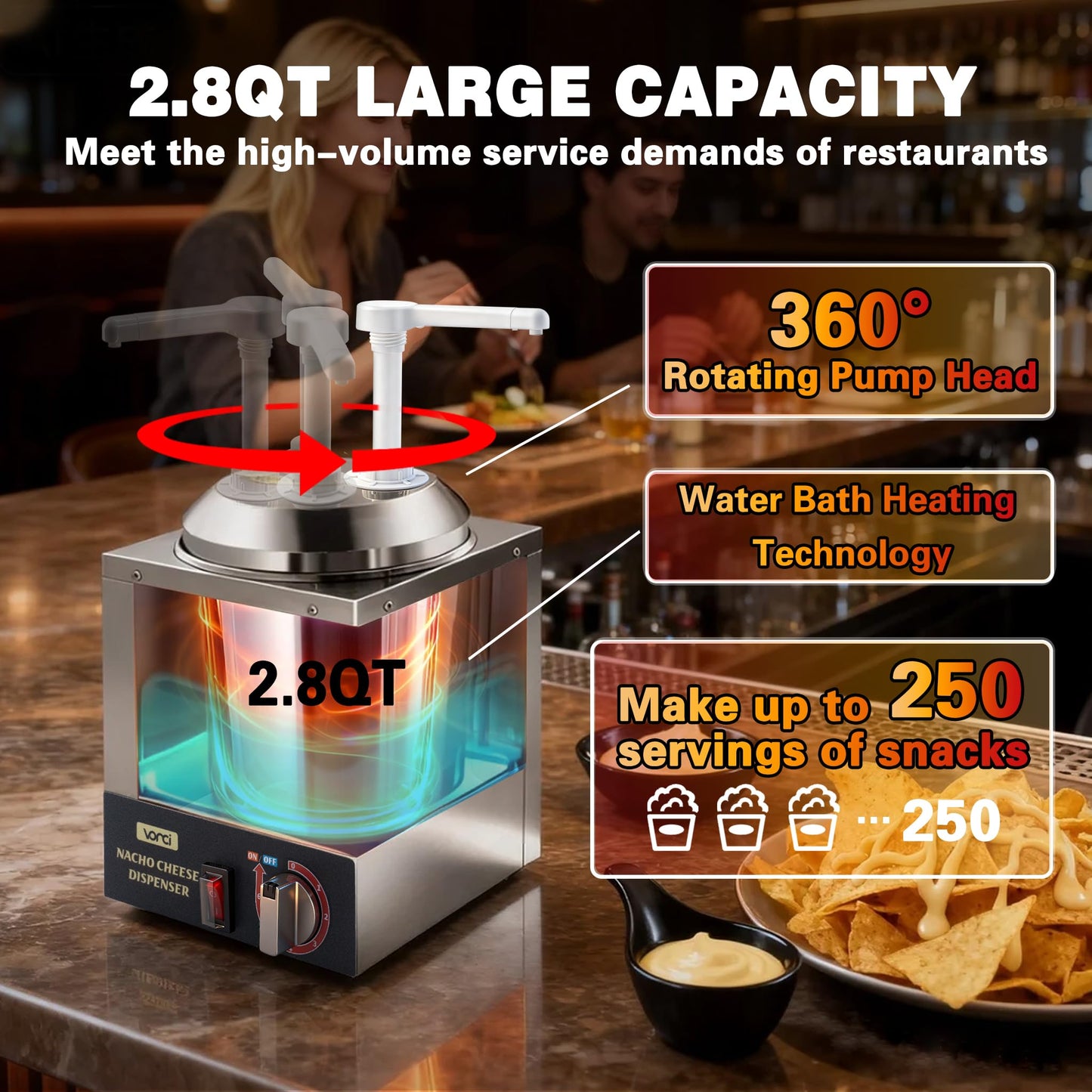 VONCI Nacho Cheese Dispenser, 2.8 Qt（2.5L） Nacho Cheese Warmer with Plastic Pump, Hot Fudge Dispenser with 6-Level Temperature Adjustment, Commercial Cheese Dispenser for Hot Fudge Cheese Caramel