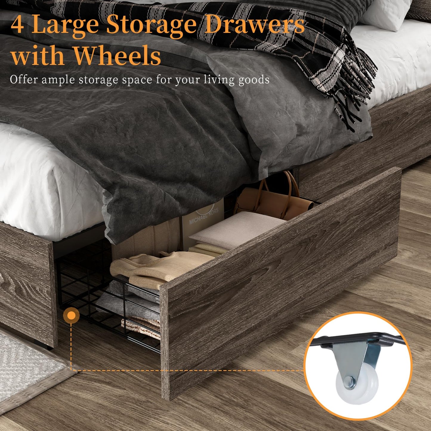 LUXOAK Queen Size Bed Frame with LED Bookcase Headboard, Wooden Storage Bed with Charging Station & 4 Drawers, No Box Spring Needed/Noise-Free/Rustic Grey
