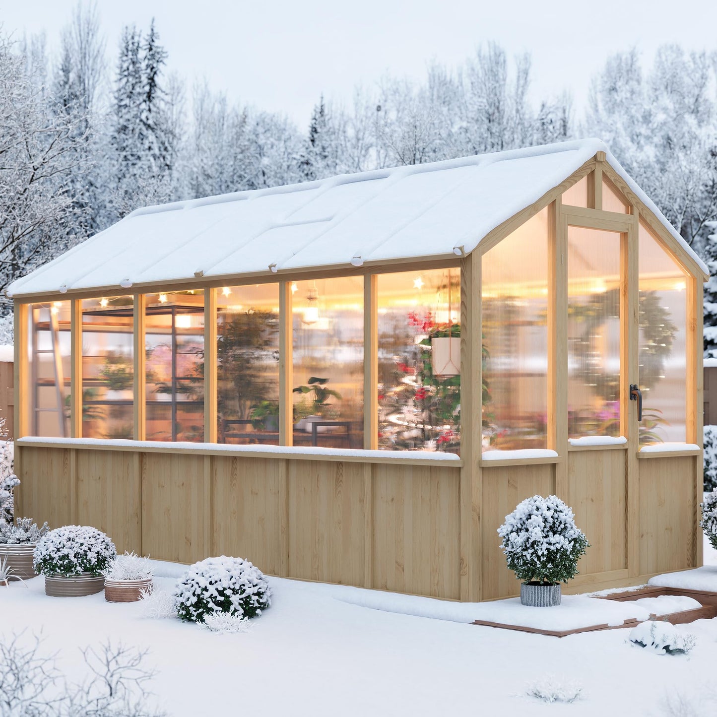 6x12 FT Greenhouse - Large Wooden Greenhouses for Outdoors, Heavy Duty Spruce Frame Greenhouse with PC Panels, Adjustable Roof Vents & Lockable Door, Walk-in Green Houses for Garden, Backyard, Patio