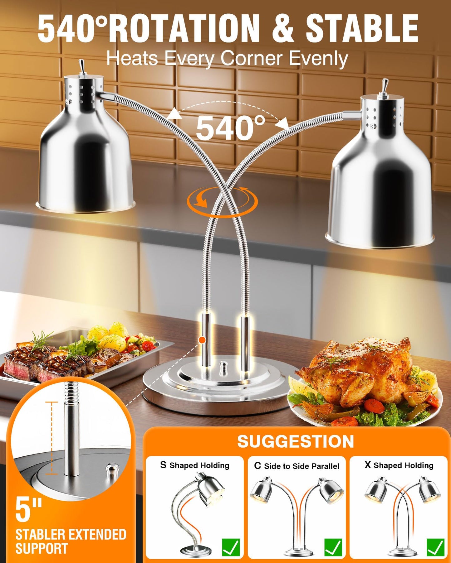 PYY Commercial Food Warmer - 2-Head Electric Heating Lamp 500W Stainless Steel Food Warmer Lamp Catering Food Warming Lamp w/Spare Bulb for Catering Kitchen Food Service Restaurant Cafeteria