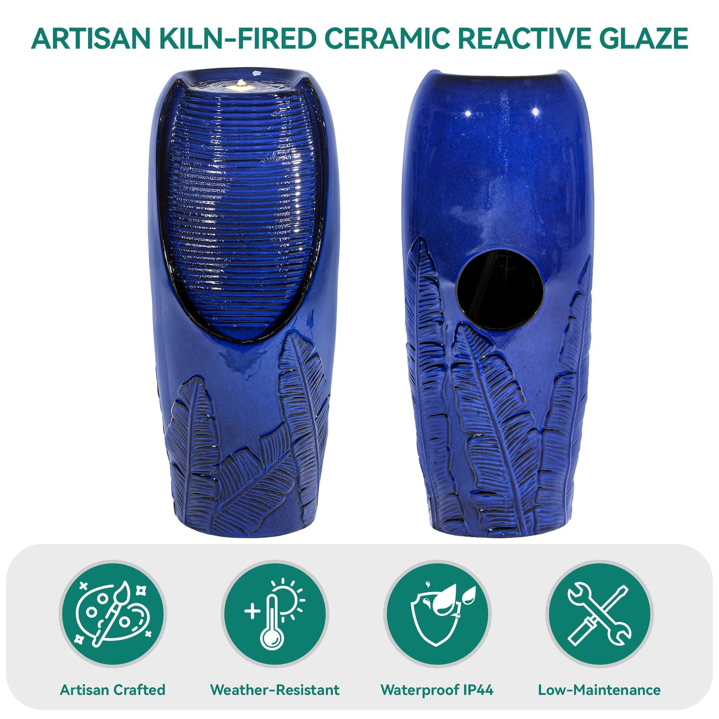 Autodaya 33" Tall Outdoor Garden Fountain with LED Lights, Modern Ceramic Jar Water Fountain, 3D Tropical Leaf Pattern, Cobalt Blue Glaze, Soothing Cascading Waterfall for Relaxing Patio, Yard, Porch