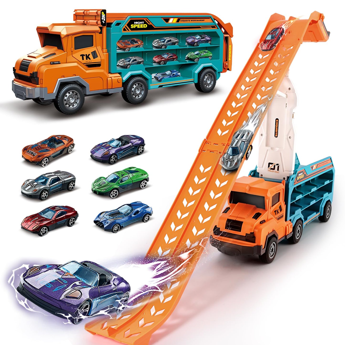 Toddler Car Truck Toys,Car Carrier Truck Toy for Kids Age 3-5 4-8,Foldable Car Track Sets with 2.8-Ft Race Track and 6 Die-Cast Race Cars, Truck Toys Gifts for 3 4 5 6 7 8+ Year Old Boys Girls(orange)