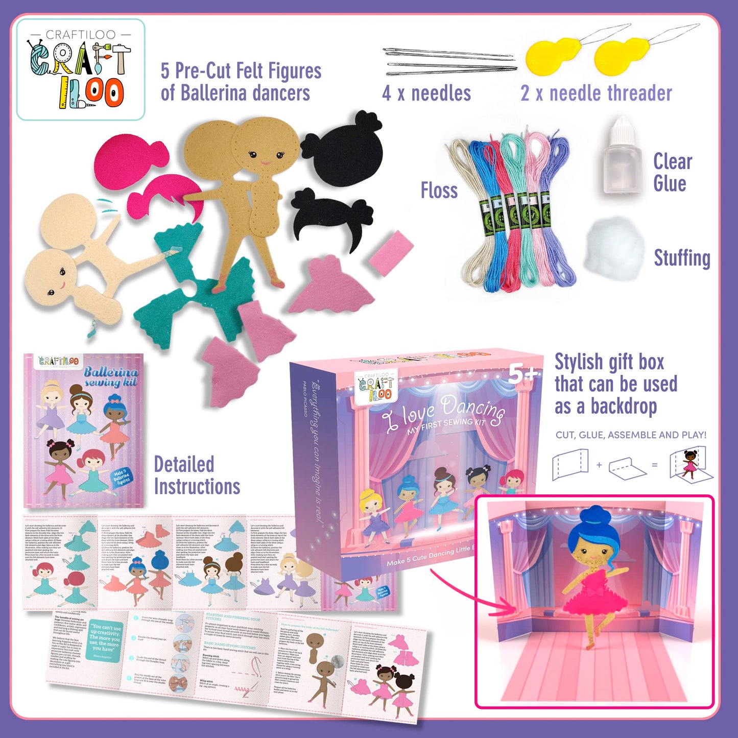 CRAFTILOO Ballerina Dancers Sewing Kit for Kids, Fun and Educational Craft Set for Boys and Girls Age 5-12, Sew Your Own Felt Ballerina Craft Kit for Beginners